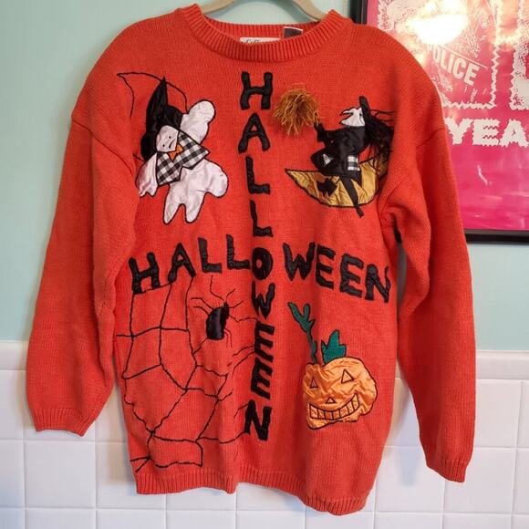 Vintage 80s Orange Halloween Maximalist Beaded Embroidered Sweater Ghost Witch - Picture 6 of 16